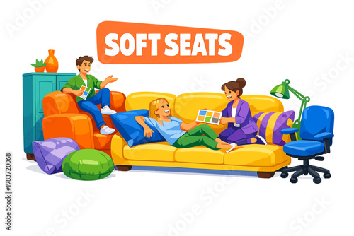 Seating Comfort Style Two interior designers and customer interacting with an oversized sofa and giant armchair, with cabinet, lamp, office chair, and decor