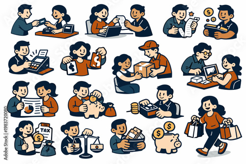 Purchase Payment Stories flat vector digital illustration, doodle flat, thick outline, expressive characters, simple shapes, playful proportions, exaggerated