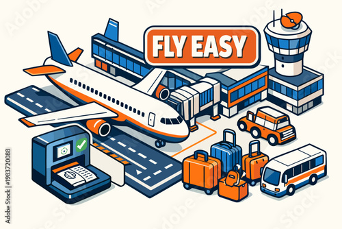 Airport Travel System Airport Travel System clean focused isometric composition with oversized airplane and terminal gate beside passport scanner, a few