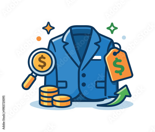 Thrift flipping business built around discovering hidden value in secondhand items, with a neatly arranged jacket and price tag symbolizing smart resale and