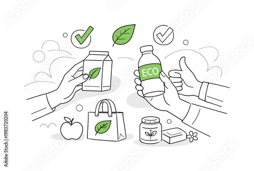 Conscious consumption. Hands choosing eco-labeled products, simple checkmarks and leaf symbols hovering above. Focused, thoughtful mood highlighting