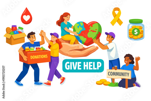 Volunteer Charity Support caring volunteers handing an oversized donation box and heart globe across the full canvas, three stylized human characters