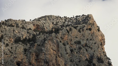Time lapse shows sparsely wooded trees on rocky Atlas Mountains peak under changing light. Fast motion reveals rugged slopes scattered forest and dynamic clouds across north africa.