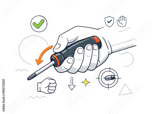 Proper hand grip. Hand positioning a screwdriver correctly, fingers wrapped naturally around the handle, sense of ergonomics and safety. Minimal arrows and