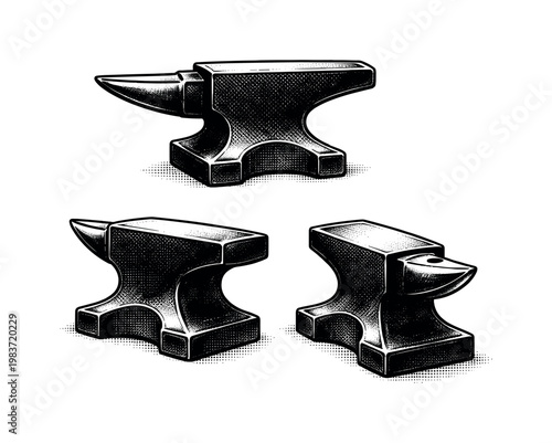 Bench anvils, small workshop bench anvil with a squat body, flat striking face, compact horn, and rectangular base, shown as the same object in side view,