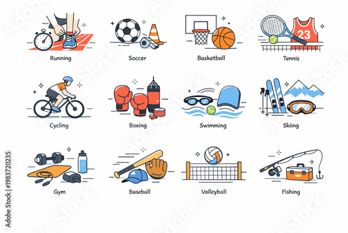 Sport Equipment Active. Sport equipment, fitness, team games, outdoor activity and training accessories. minimalist editorial vector scenes: a runner ties