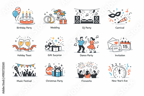Celebration Party Moments. Celebration, party, event planning, holidays, music and festive gatherings. minimalist editorial vector scenes: a birthday scene