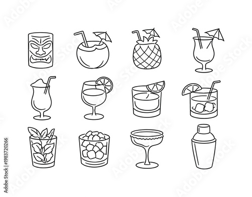 Tropical Rum Drinks. Minimalistic set one-line drawing tiki mug face, coconut cocktail shell, pineapple garnish drink, beach bar glass with umbrella, frozen