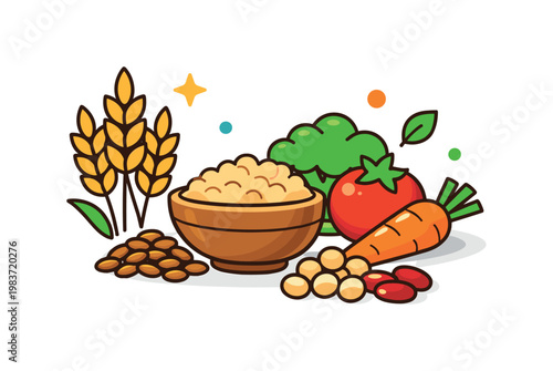 Whole foods lifestyle features a compact arrangement of grains, vegetables, and legumes, reflecting simplicity, natural nutrition, and a steady routine built