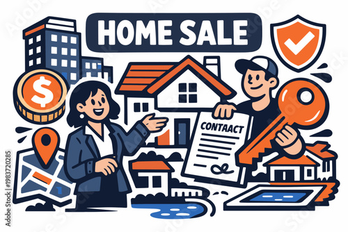 Real Estate Series flat vector digital illustration, doodle flat, thick outline, expressive characters, simple shapes, playful proportions, exaggerated scale,