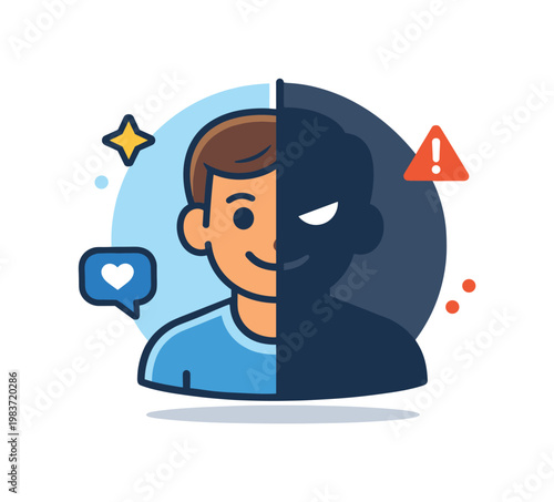 Pig butchering scam concept fake identity shown as a profile avatar split into friendly and shadowed sides, expressing dual personas and hidden intent.