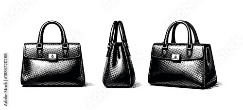 Handbag ? realistic structured leather handbag with top handles and firm silhouette. Black and white dot style with halftone texture and high contrast.