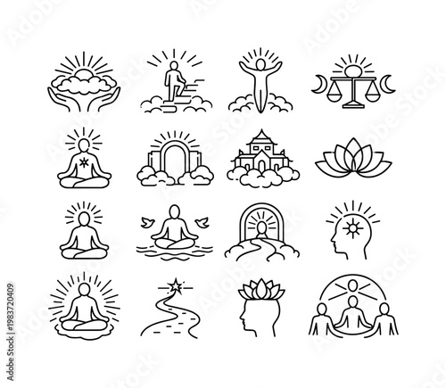 Spiritual Heavens. Line icon set of Spiritual Heavens: divine presence, spiritual ascent, soul rising, cosmic balance, inner light, higher realm, sacred