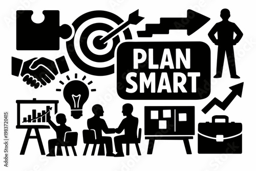 Business Strategy Planning. Solid black filled banner with an oversized puzzle piece and giant target board spanning the full canvas, two teammates planning