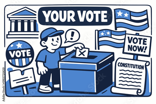 Democracy Voting Series flat vector digital illustration, doodle flat, thick outline, expressive characters, simple shapes, playful proportions, exaggerated
