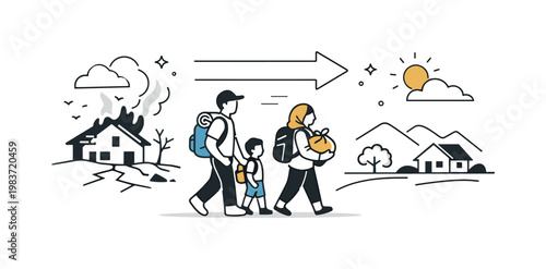 Displacement by Conflict or Climate Crisis. People moving away from a damaged or unstable area toward a safer direction, carrying essentials in a simple