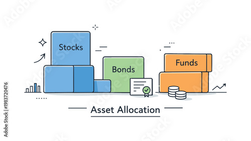 Asset allocation strategy. Abstract blocks representing stocks, bonds, and funds arranged proportionally, visualizing diversification decisions. The
