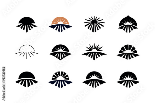 divine presence. Icon set. Set Logo of divine presence: descending rays. harmonious logo variations of the same emblematic concept, each with different