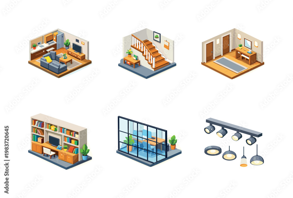 Fototapeta premium Minimalist Workspace. Solid icon set of Minimalist Workspace: desk top view, laptop minimal, desk lamp simple, office chair modern, notebook clean, pencil