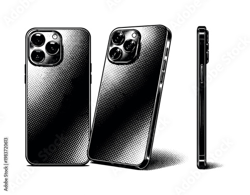 Smartphone back view A realistic smartphone back panel with camera module, lens arrangement, and surface texture shown straight-on, angled, and side views as