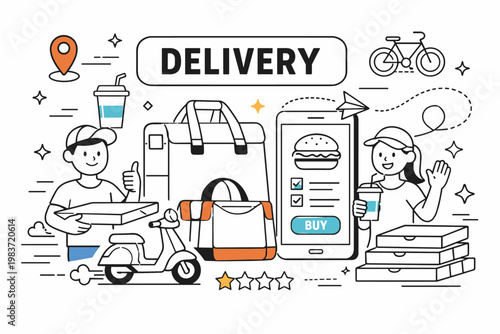 Food Delivery Outline Icons. Food delivery and takeout editorial banner with geometric characters beside an oversized delivery bag and large smartphone order