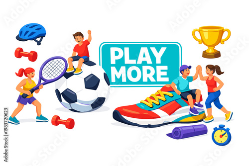 Sports Fitness Recreation active friends training with an oversized tennis racket and soccer ball across the full canvas, three stylized human characters