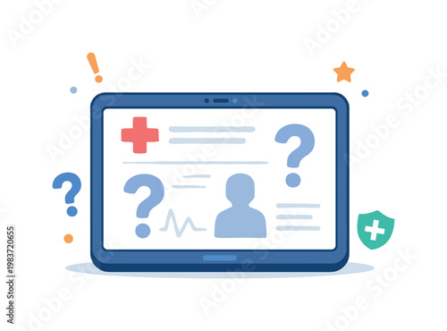 Telehealth misdiagnosis fear visualized by a medical chart on screen with blurred symbols and question marks, conveying ambiguity, doubt and unclear