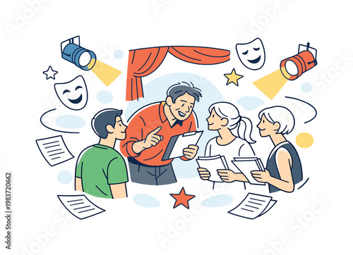 Pre-performance theater coaching. A passionate director leans into conversation with actors gathered near the curtain, sharing final notes before they step on