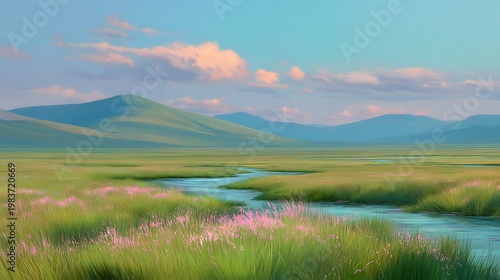 Peaceful Meadow Landscape with Gentle Hills and Pink Flowers Keywords: landscape, meadow, grassland, marsh, river, photo