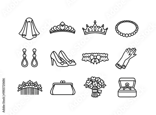 Bridal Accessories. Line icon set of Bridal Accessories: wedding veil, tiara, bridal crown, pearl necklace, bridal earrings, wedding shoes, garter, bridal
