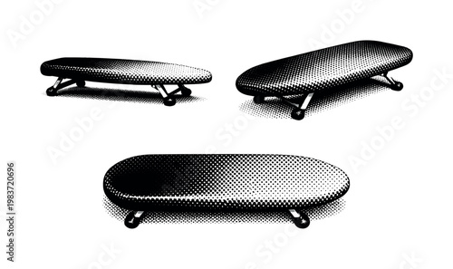 Ironing Board ? realistic tabletop ironing board with short legs and compact surface. Black and white dot style with halftone texture and high contrast.