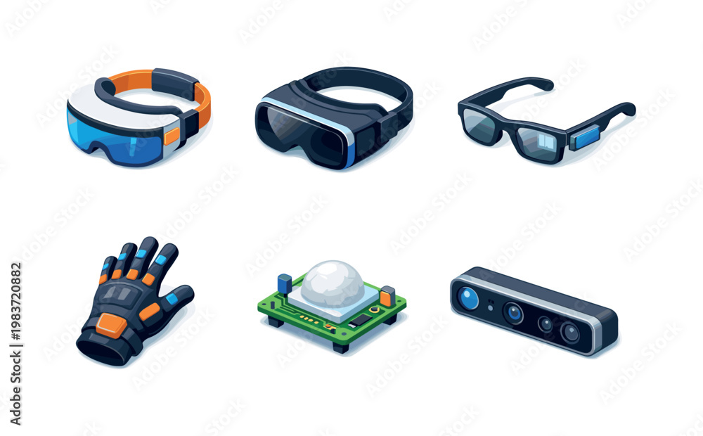 Naklejka premium SensoryTechnologies. Isometric flat vector icons set of SensoryTechnologies: augmented reality headset, virtual reality goggles, smart glasses, haptic glove,