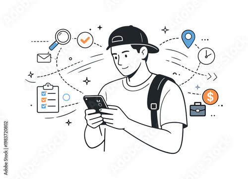 Gig worker algorithm control. Independent worker checking a mobile app with task assignments, calm but focused posture. Scene shows invisible algorithm