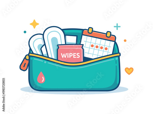 Period care essentials featuring a discreet pouch opened to reveal pads, wipes, and a small calendar mark, creating a clear visual metaphor for preparedness