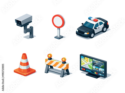 Traffic control. Isometric flat vector icons set of traffic control: traffic camera, speed limit sign, police car, road cone, temporary barrier, control center