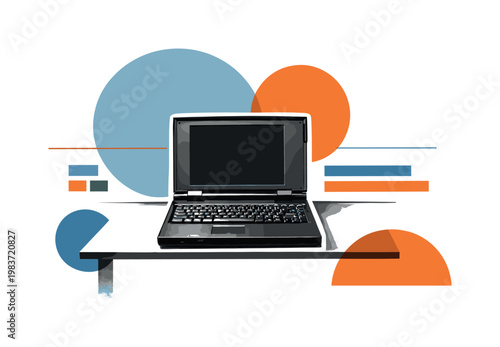 Black and white retro-style laptop placed on a minimalist desk, realistic photographic texture with a white cut-out outline effect, layered with abstract