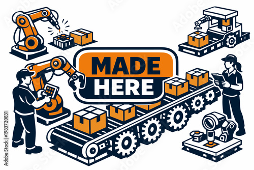 Factory Process Stories Factory Process Stories banner, two technicians managing an oversized robotic arm and giant factory conveyor with gears and package