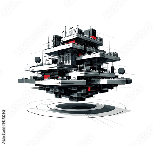 floating city block with stacked platforms and circular shadows, abstract modular geometry and lines, black and white urban structure with red accent elements,