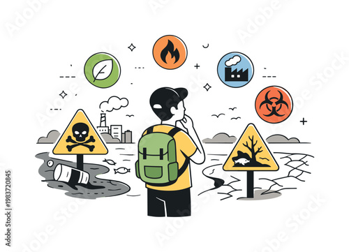 Environmental hazards awareness. A person observing warning signs near polluted land and water, reflecting concern and responsibility. Calm informative scene
