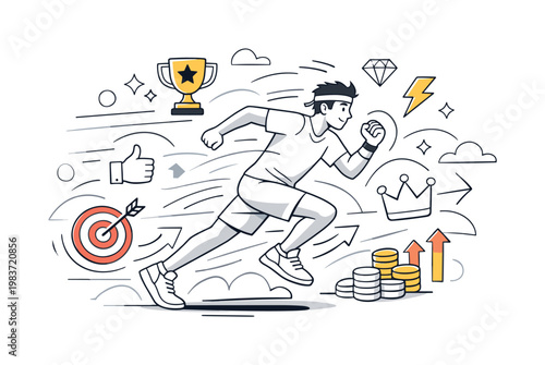 Winning Flow. Athlete or gamer figure surrounded by repeating success symbols, moving smoothly forward. Abstract shapes and rhythmic lines emphasize