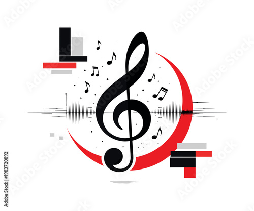 black and white oversized treble clef symbol centered with scattered smaller notes drifting diagonally, large red semicircle intersecting the composition like