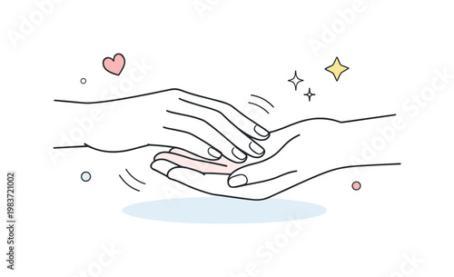 Touching skin gently. Two hands lightly touching, conveying care, warmth, and human connection. Soft motion lines and minimal details emphasize sensitivity and