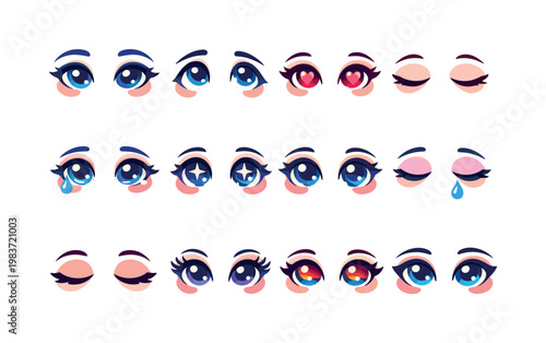 Eyes and Emotion. Colorful flat vector icons set of Eyes and Emotion: empathy eyes, longing gaze, romantic eyes, peaceful look, sensitive eyes, soulful