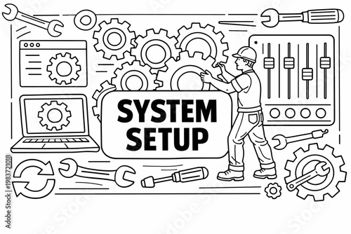 System Settings Control. Clean outline line art banner of configuration and settings with one engineer adjusting an oversized gear cluster and giant equalizer