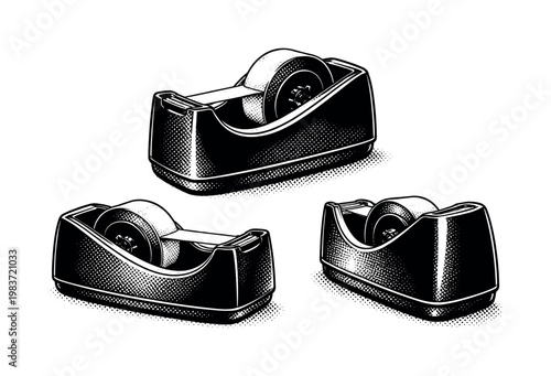 Tape Dispenser ? classic desktop tape dispenser with curved silhouette. Black and white dot style with halftone texture and high contrast. Halftone texture