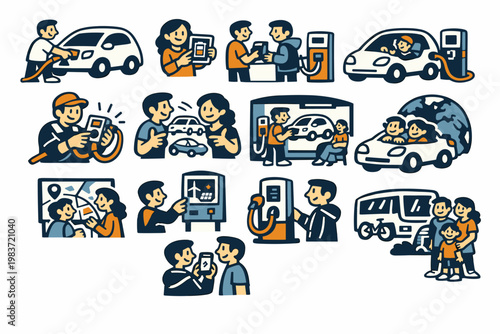 Electric Charging Stories flat vector digital illustration, doodle flat, thick outline, expressive characters, simple shapes, playful proportions, exaggerated