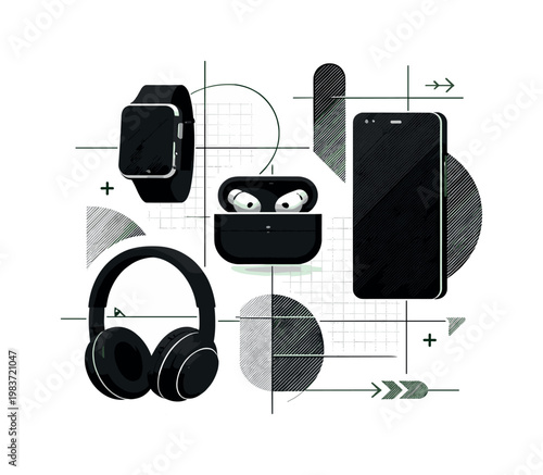 Minimal tech gadgets, intersected by thin grids, cylinders, semicircles, and directional symbols, monochrome device silhouettes with cut-out effect and subtle