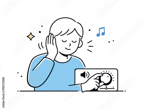 Managing sound overload. A person gently covering one ear while adjusting a volume control on a device, showing active self-regulation. Supportive