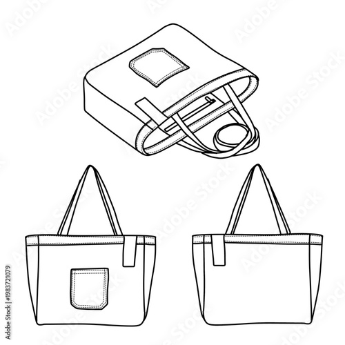 Technical line art drawing of a reusable fabric tote bag showing front back and isometric views for design.