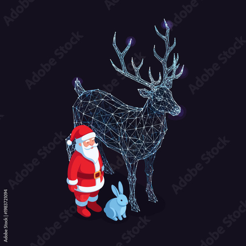 Festive Christmas Scene - Santa, Reindeer, and Bunny Illustration.